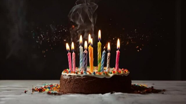 birthday candles on a cake being blown out, with the smoke gently drifting upwards.