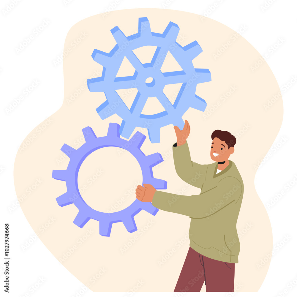 Poster man is holding two large gears, symbolizing mechanical or system processes in an abstract digital in