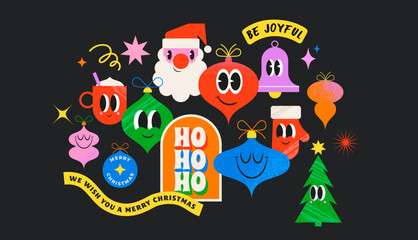 Merry Christmas, collection of funny cartoons, stickers, illustrations. Retro modern style Christmas ornaments, Santa, Xmas tree with funny faces, eyes and smiles. 