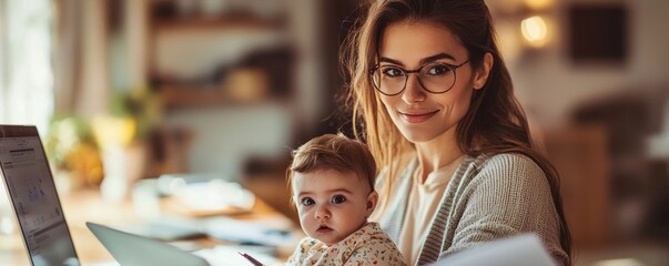 Modern mother multitasking while working from home with her baby in a cozy and warm setting.