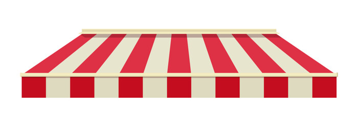 Striped awning for cafe. Striped shop canopy. Store or cafe sunshade awning.