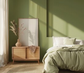 快適なベッド、木製のナイトテーブル、ミニマルなインテリア。くつろぎと眠りを誘う落ち着いた雰囲気。