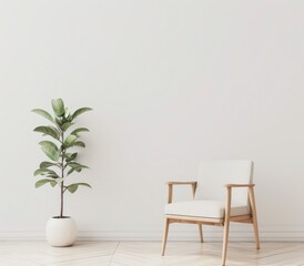 白い壁を背景に、座り心地のよいアームチェアと鉢植えのあるミニマルなインテリア。デザインや製品の展示に最適です。