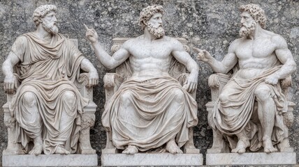 Obraz premium Three ancient Greek deities sit on ornate thrones, engaged in conversation, showcasing classical sculpture's grandeur and intricate detailing.