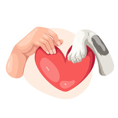 Human hand and cartoon animal paw holding red heart together. Funny pet owner with own animal. Love and support, adoption of cat and dog mascot, cartoon man and kitten friends vector illustration