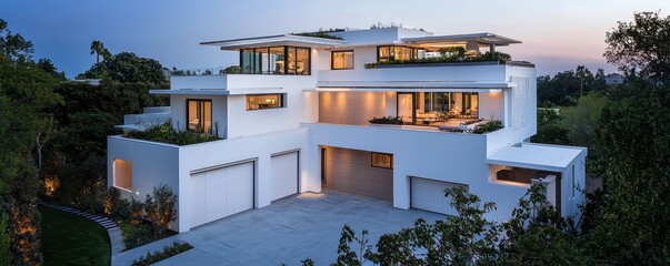 Fototapeta premium Luxurious modern house with white walls, a large garage, and a rooftop terrace, captured in panoramic view at dusk with a driveway and garden