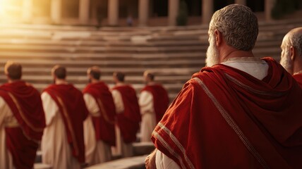 A historical scene featuring figures in traditional Roman attire, observing a sunlit amphitheater.