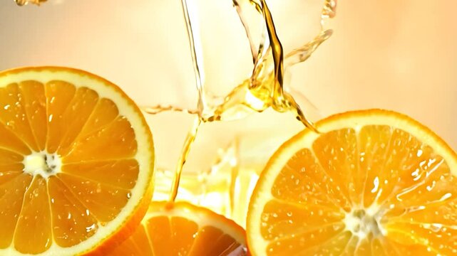 Orange slices falling into orange juice create a vibrant splash against a bright orange background. The scene captures the refreshing essence of citrus fruit in a delightful display
