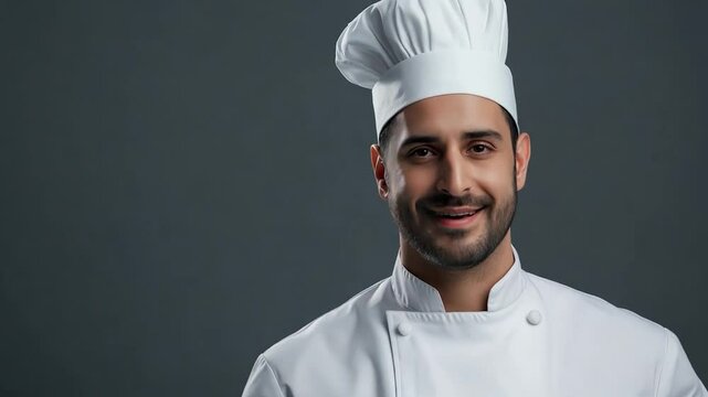 Chef in a white uniform and toque smiles and gestures with hands against a grey background, showcasing a confident and professional demeanor in the culinary field