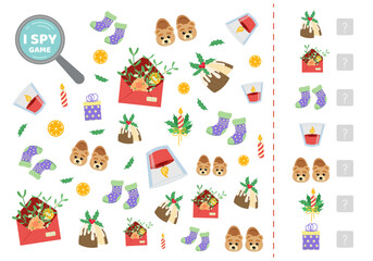 I spy game for kids with cozy winter elements. Search and count how many. Math game. Vector
