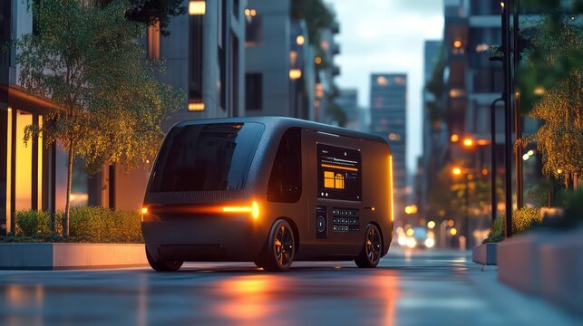 A futuristic autonomous vehicle drives down a city street at dusk.