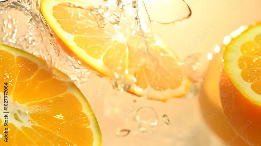 Aufkleber slicing oranges creates a dynamic scene with slices flying and splashing water, set against a vibran