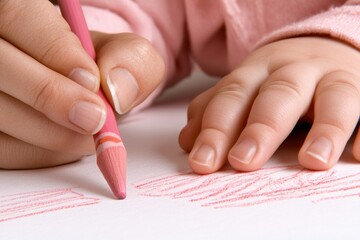 Toddler's hand drawing with pink crayon on paper