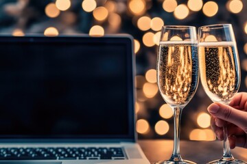 Celebratory toast with champagne glasses and laptop with festive bokeh lights