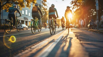 Silhouettes of cyclists riding bicycles on the street in the city at sunset with warm golden light  Concept of healthy outdoor activity green transportation and urban