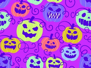 Obraz premium Halloween cute pumpkins seamless monsters pattern for wrapping paper and fabric