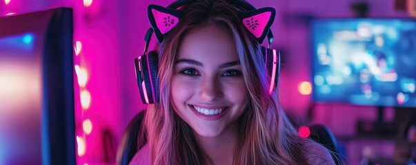 Smiling gamer girl with headphones playing video games on computer in colorful neon room