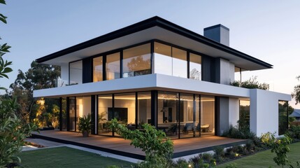 Minimalist modern house with a black roof and white walls, large glass windows, wooden terrace, and green plants, captured at dusk