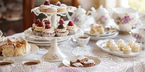 Vintage-inspired tea party with lace decor, floral china, and a variety of cupcakes and desserts on tiered trays