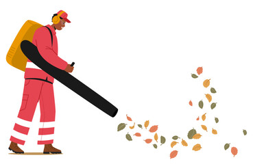 Male Worker Using Powerful Leaf Blower To Gather Autumn Leaves In An Urban Park. cartoon Character Dressed In Uniform