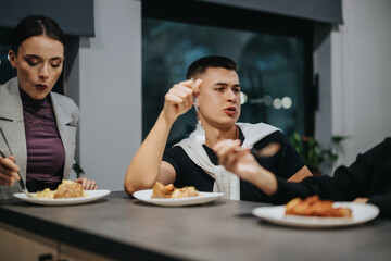 A group of high school students sharing a meal and discussing various topics in a cozy setting. The scene captures youthful energy, social interaction, and friendship over dinner.