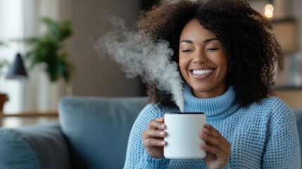 A woman, seated on a couch, enjoys a steaming hot drink, immersed in a blissful moment of relaxation; the warm sweater complements a cozy atmosphere.