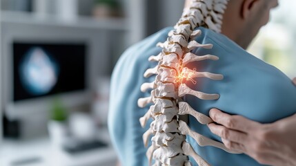 The image shows a man experiencing back pain, indicated by a highlighted glow on his spine, symbolizing the physical and emotional impact of discomfort.