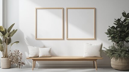 Minimalist Interior with Wooden Bench and Blank Frames in Bright Living Room with Green Plants