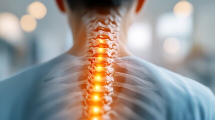 A back view illustration of a spine with illuminated vertebrae, highlighting areas of potential pain or focus, capturing both anatomical accuracy and artistic style.