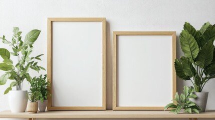 Minimalist Interior with Blank Picture Frames and Lush Green Plants on Wooden Shelf in Bright Modern Room