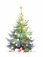 Fototapeta premium Watercolor Style Christmas Tree with Decorations on a White Background, Featuring a White and Grey Color Palette for a Festive Holiday Feel.