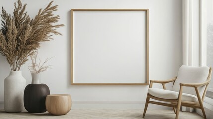 Minimalist Interior with Blank Frame, Wooden Chair, and Decorative Vases in a Bright, Modern Living Room Setting