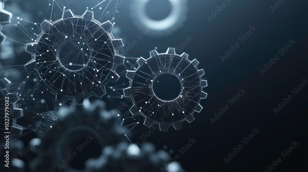 Poster abstract gears with connected dots on dark blue background, depicting a complex system or network.