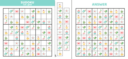 Hard sudoku with nine cartoon objects. Game puzzle for kids. Cut and glue. Cartoon.