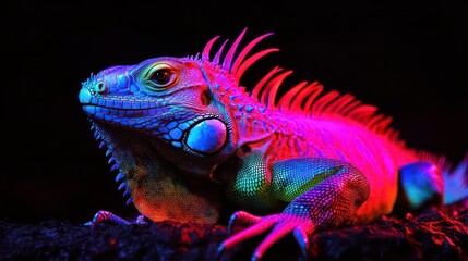 Obraz premium A vibrant green iguana with pink and blue highlights, posed against a black background.