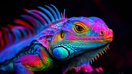 A vibrant green iguana with a rainbow of colors highlighting its scales, set against a dark background.