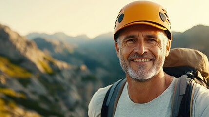 An older man with a beard wearing a yellow helmet, smiling confidently in front of a mountain range, symbolizing courage and zest for climbing nature's challenges.