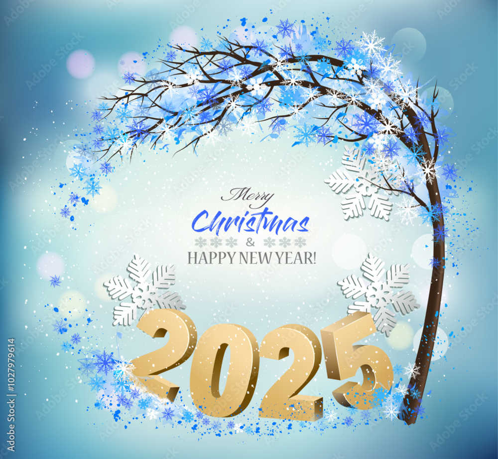 Aufkleber Merry Christmas and Happy New Year Background with 2025 letters and christmas tree with snowflakes. Vector