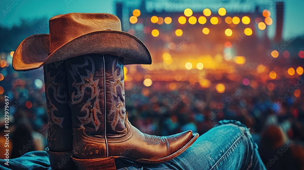 Wall mural cowboy boots resting on fence with blurred concert stage and crowd in background at nighttime music 