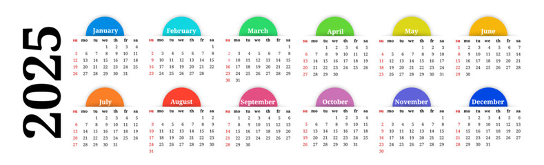 Calendar for 2025 isolated on a white background