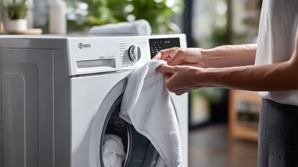 A person places a white towel into a sleek, modern washing machine, with lush green plants around, creating a fresh and clean impression.