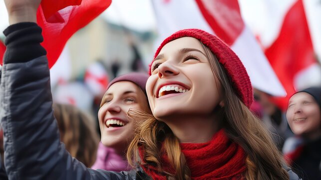 Two young women smile and wave red and white flags during a rally or demonstration. - Powered by Adobe