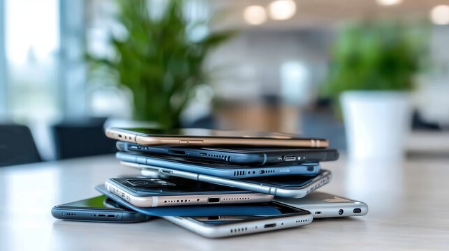 A stack of multiple smartphones layered on top of each other in various colors and formats, captured against a modern office backdrop highlighting tech innovation.
