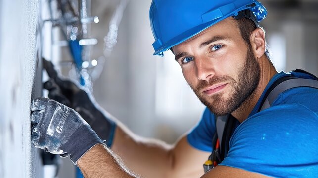Concentrated male worker in a blue hard hat skillfully installs electrical wire within the rough framework of a building under construction.