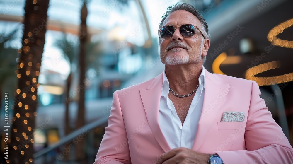 Wall mural a confident man in a pink suit and sunglasses stands outdoors, with palm trees and lights visible in