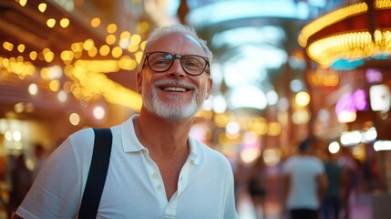 Fototapeta premium A cheerful elder gentleman smiles warmly under the glowing city lights, capturing a moment of joy and contentment in a lively urban setting with a tropical vibe.