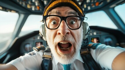 Within the cockpit, the pilot dons a headset while reacting with astonishment and wide open eyes, highlighting an expressive moment in the aviation world.