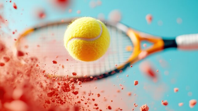 A dramatic close-up capture of a tennis ball mid-air against a blurred tennis racket, surrounded by a dynamic explosion of red clay powder, highlighting competition.