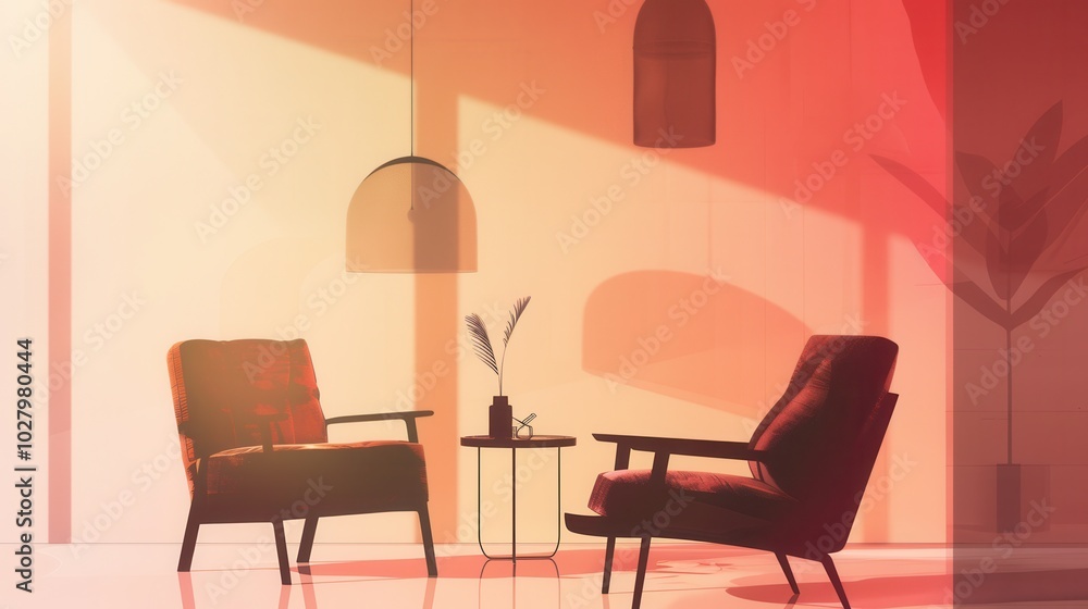Poster soft silhouettes of an armchair, a lamp, and a table are highlighted against a gentle gradient backd