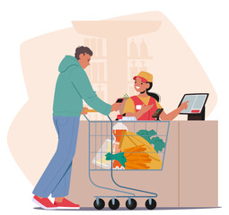 Cartoon Man With Shopping Cart Filled With Fresh Vegetables And Goods Makes Contactless Payment For Groceries